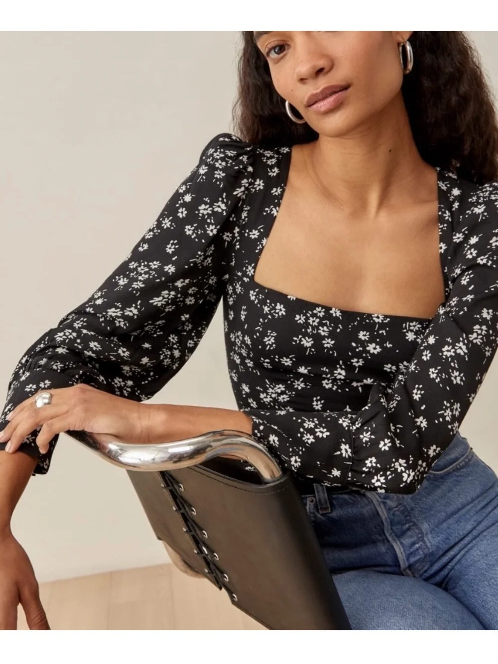 Reformation Black Floral Square-Neck Long Sleeve Top